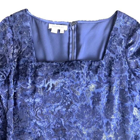 Womens 10 Boho Chic Blue Metallic Flowy Burnt Velvet Narrow Waist Gown Kay Unger - Picture 12 of 13